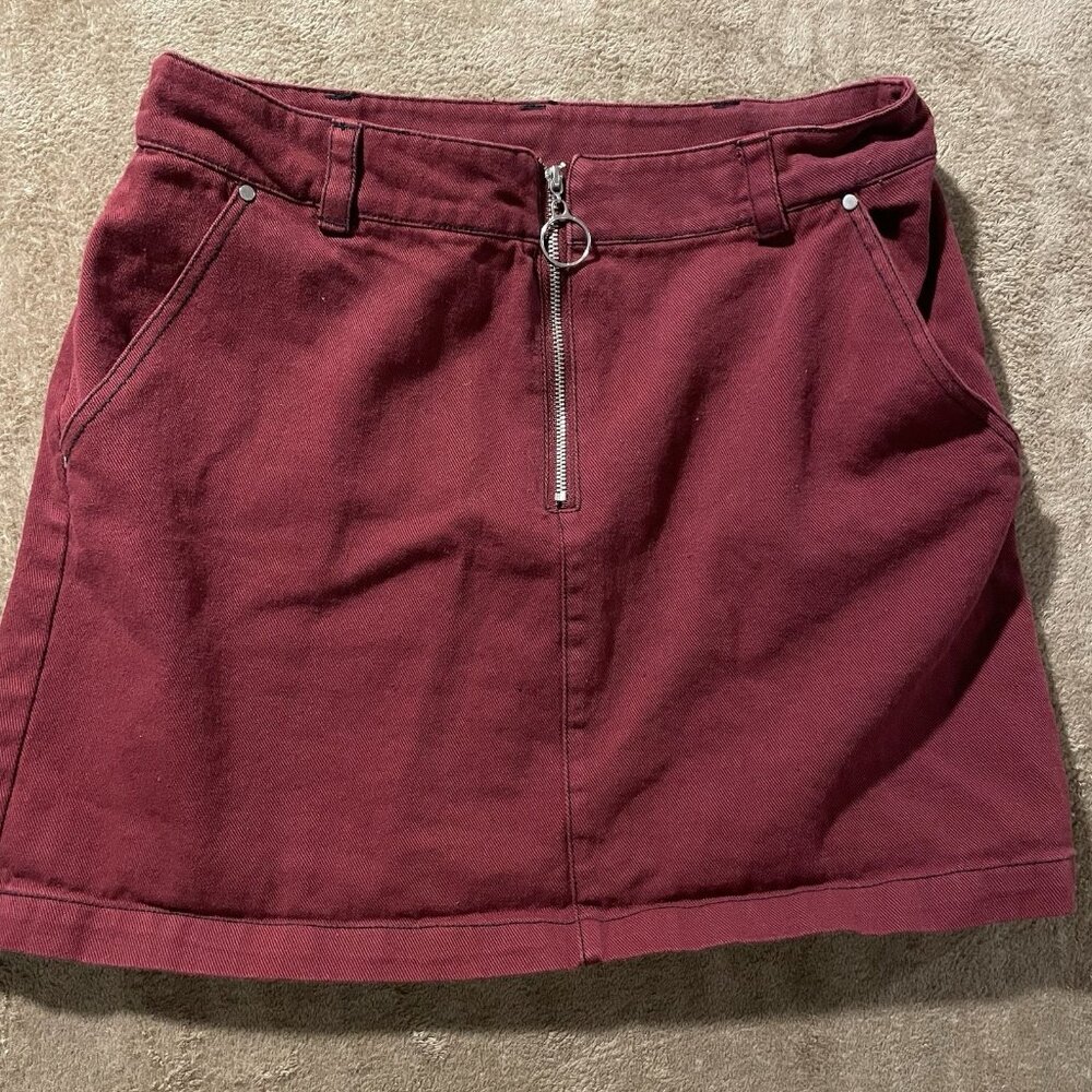 Forever 21 Skirt Womens Sz Medium Mini Denim Burgundy Y2K Zip Pockets